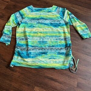 Large Erin Londo Asymmetrical Green and Blue Tunic Top